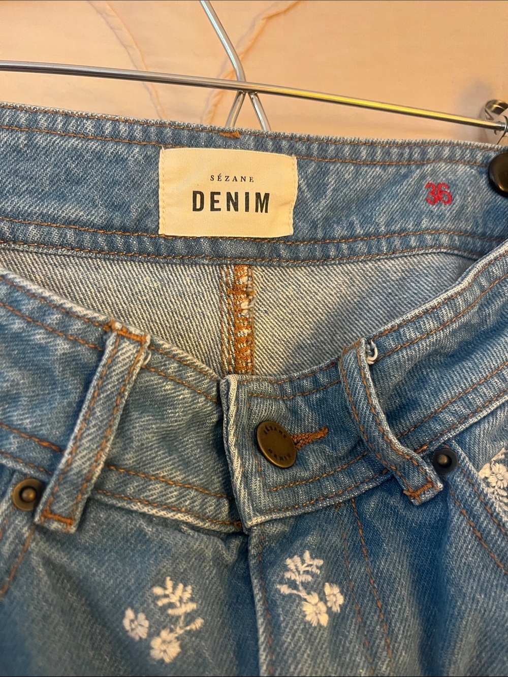 Sezane Le Crop Floral Embroidered Jeans High Rise Wide Leg Crop Size 4 - Picture 6 of 7